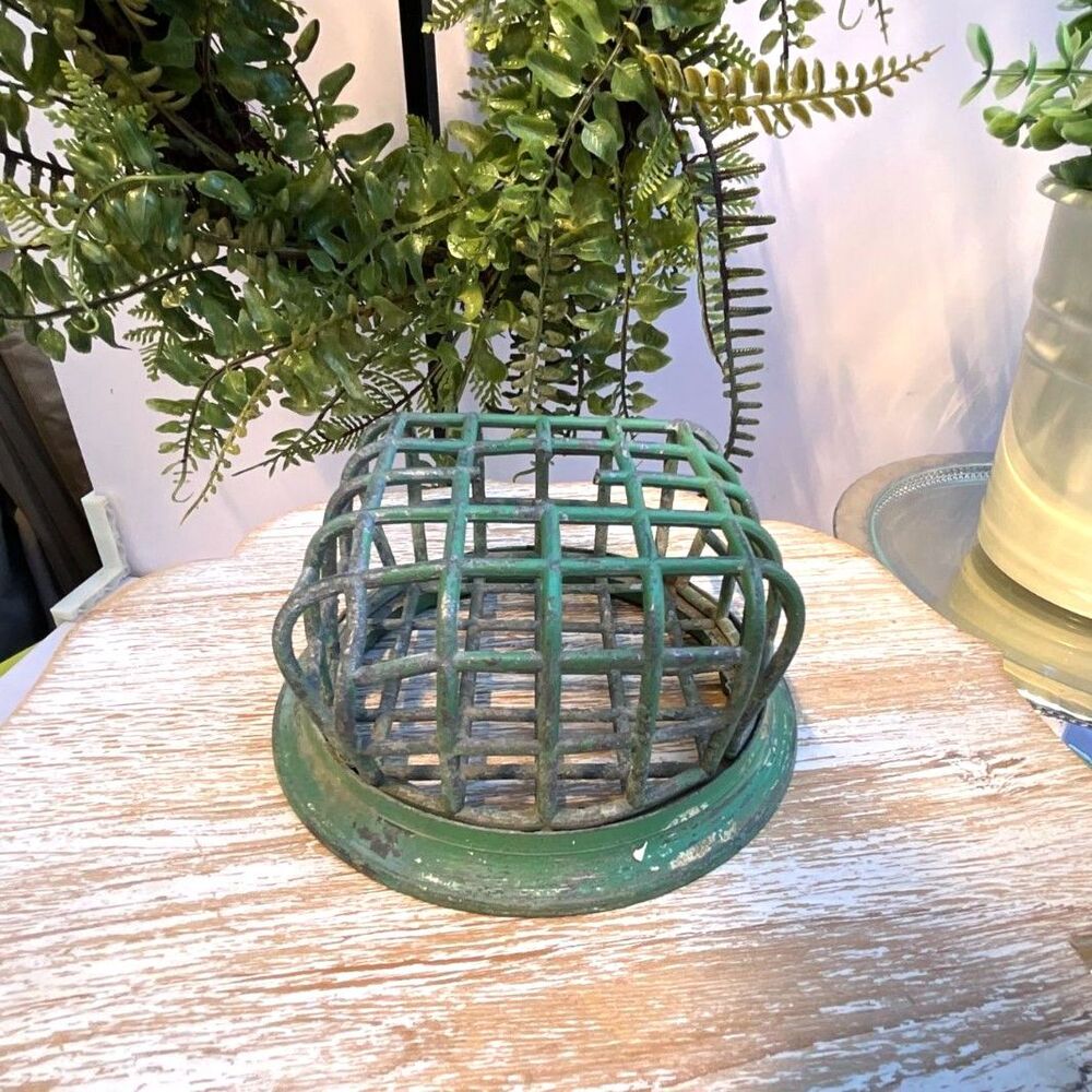 Large metal flower frog Vogue holder chippy green paint vintage 4"